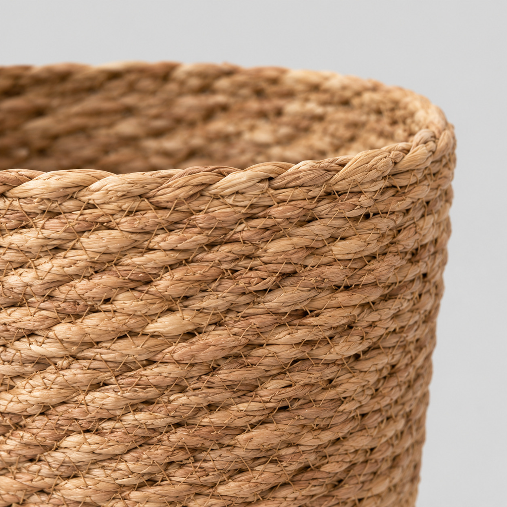Close up of the coiled weave of the upper basket body of the Natural Seagrass woven seagrass planter basket.