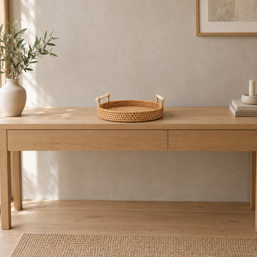 Natural Rattan round woven serving tray on a 120 cm wide oak console table in a calm room.