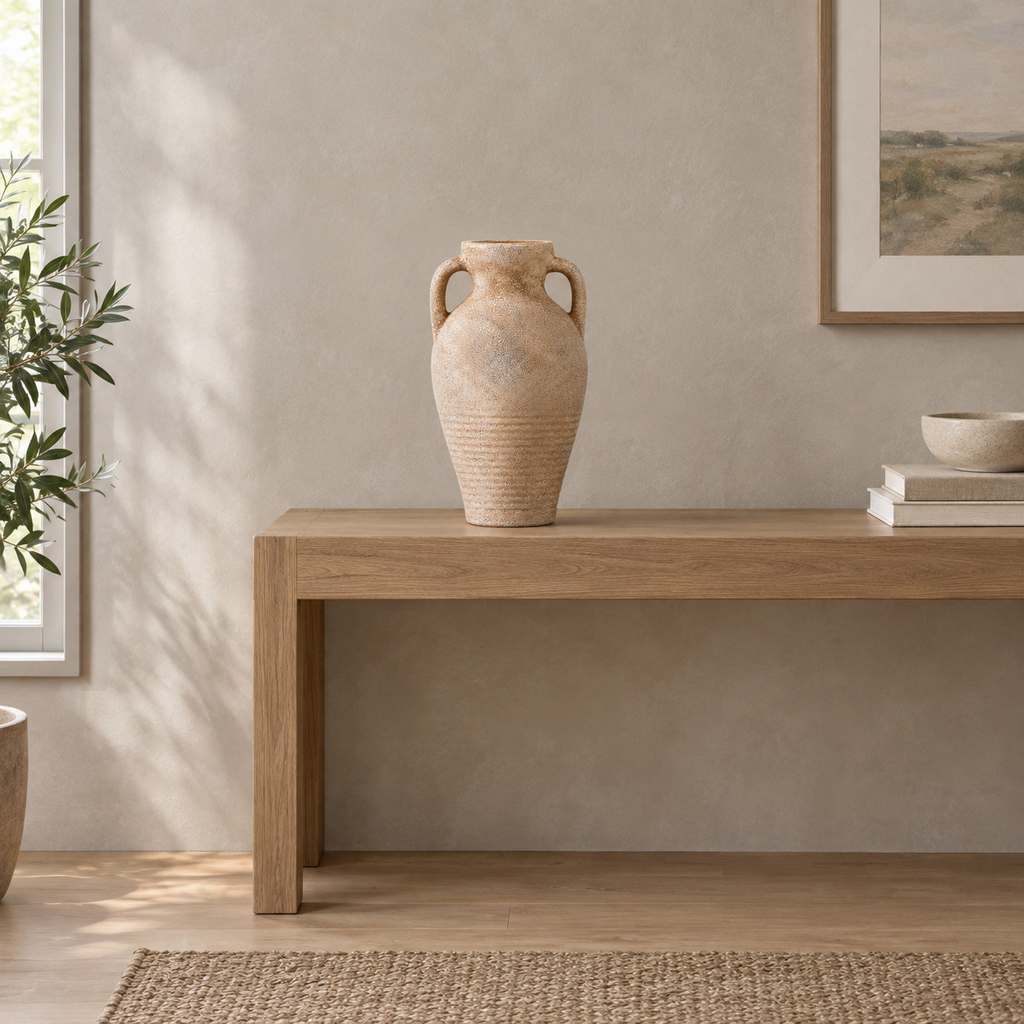 Weathered Sand ceramic amphora vase on a 120 cm wide oak console table in a calm room.