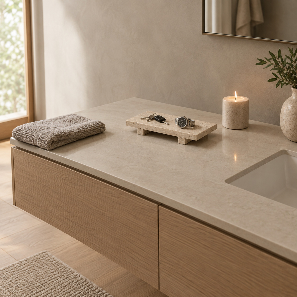 Footed rectangular travertine tray in Beige Travertine on a bathroom vanity with a set of keys and a watch on the tray