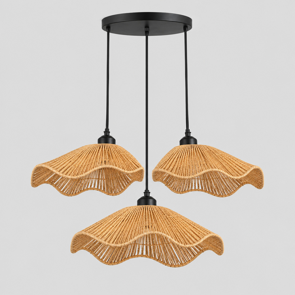 Wavy woven rattan pendant light in Natural Rattan on a light gray studio background, in the 3 lights configuration