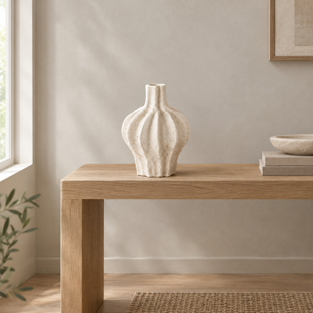 Short fluted ceramic vase on an oak console table in a calm room.