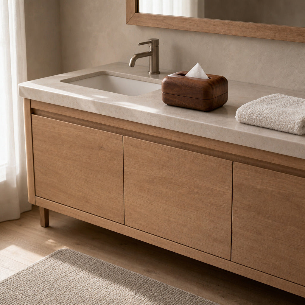 Walnut rounded wooden tissue box cover on a 90 cm wide bathroom vanity with a tissue pulled through the top opening.
