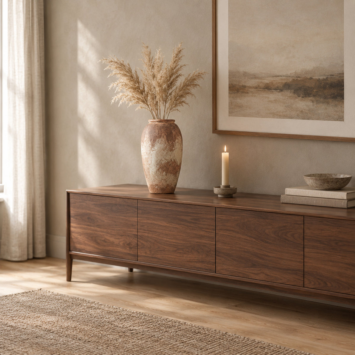 Textured ceramic vase on a walnut sideboard with dried pampas stems in the vase.