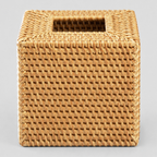 Woven rattan cube tissue box cover in Natural Rattan on a light gray studio background
