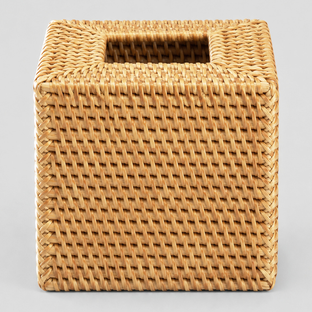 Woven rattan cube tissue box cover in Natural Rattan on a light gray studio background