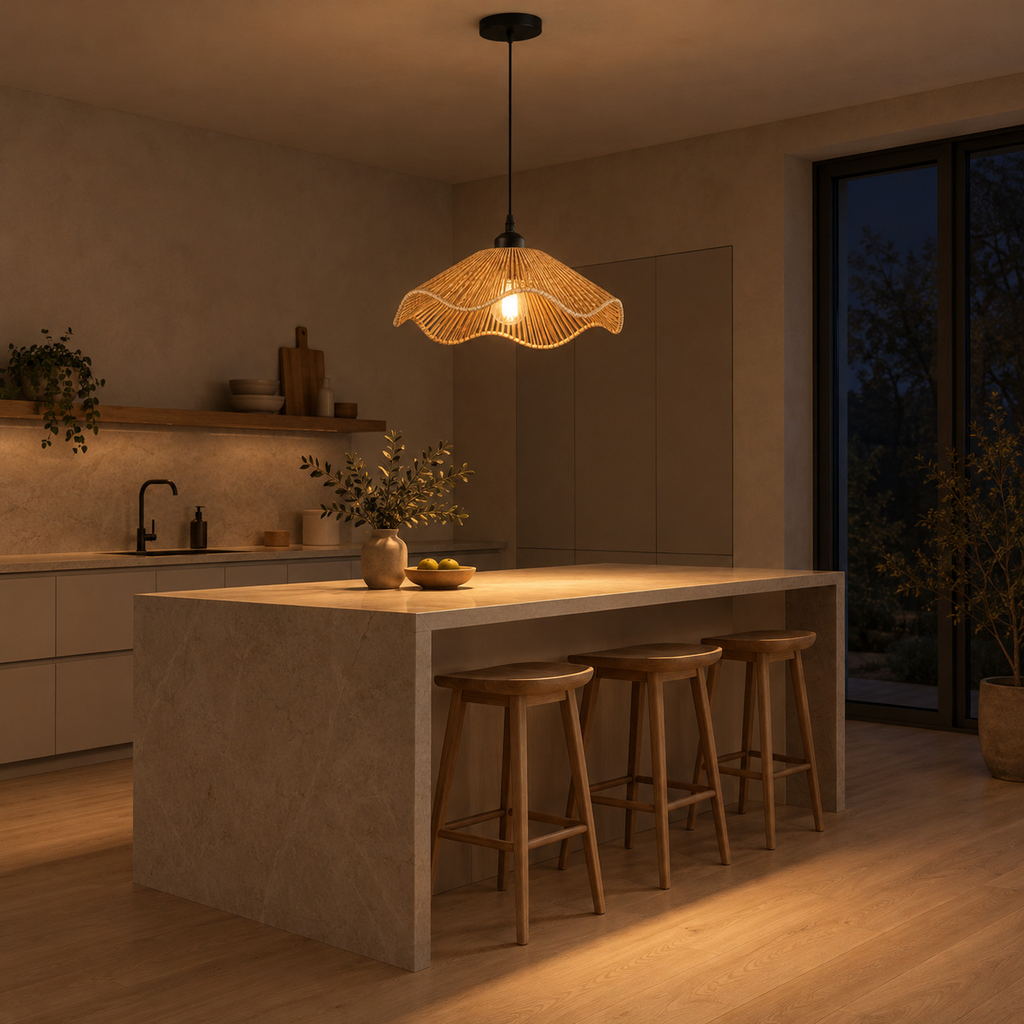 Wavy rattan pendant light lit in the evening hanging above a 180 cm long kitchen island, the only light in the room.