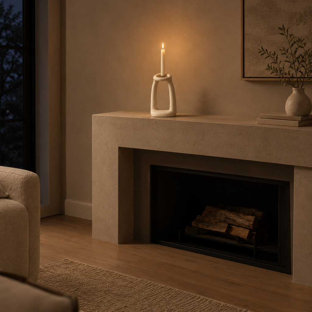 Off-White sculptural ceramic candle holder on a mantelpiece with a lit taper candle.