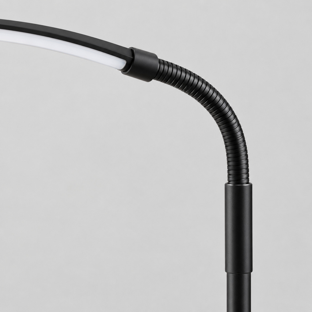Close up of the arm joint on the Matte Black arched LED floor lamp