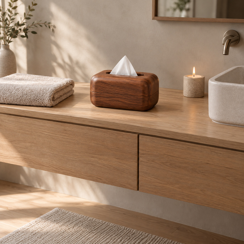 Curved wooden tissue box in Walnut on a 90 cm wide bathroom vanity beside a folded towel with a white tissue pulled through the top opening.