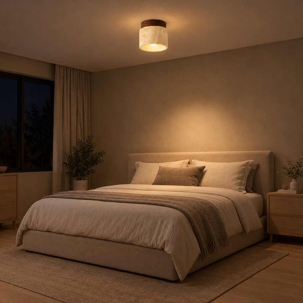 Cylindrical travertine flush mount ceiling light in walnut finish lit in the evening on the ceiling of a bedroom above a 160 cm wide made bed, the only light in the room.