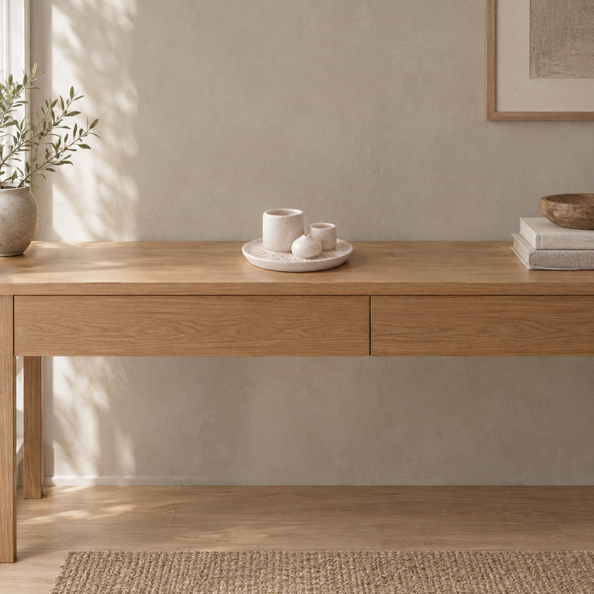 Speckled White ceramic incense dish on an oak console table in a calm room