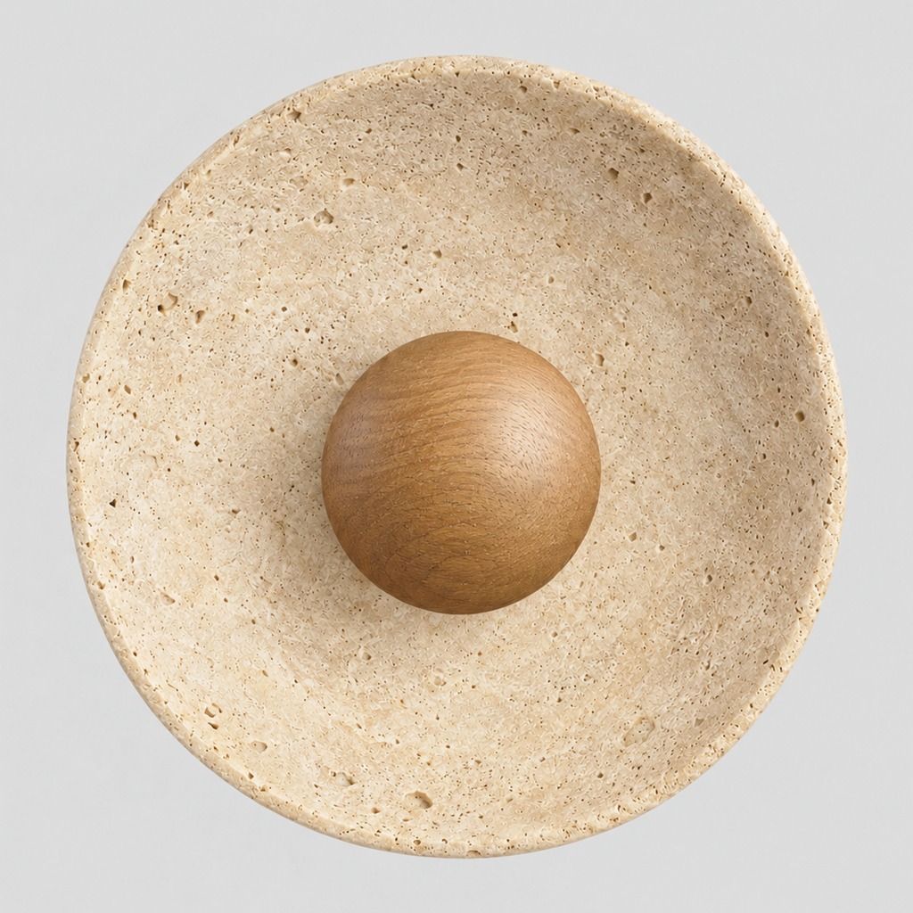 Round travertine disc wall sconce in Natural Wood finish on a light gray studio background