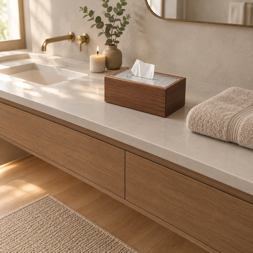 Walnut wooden tissue box on a 90 cm wide bathroom vanity beside a folded towel with a single white facial tissue pulled through the lid slot