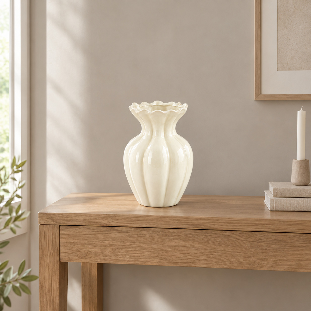 Cream fluted ruffled ceramic vase on a 120 cm wide oak console table in a calm room.