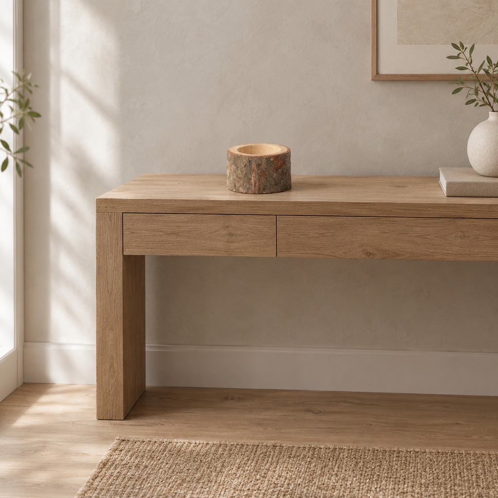 Natural bark stump candle holder on a 120 cm wide oak console table in a calm room.