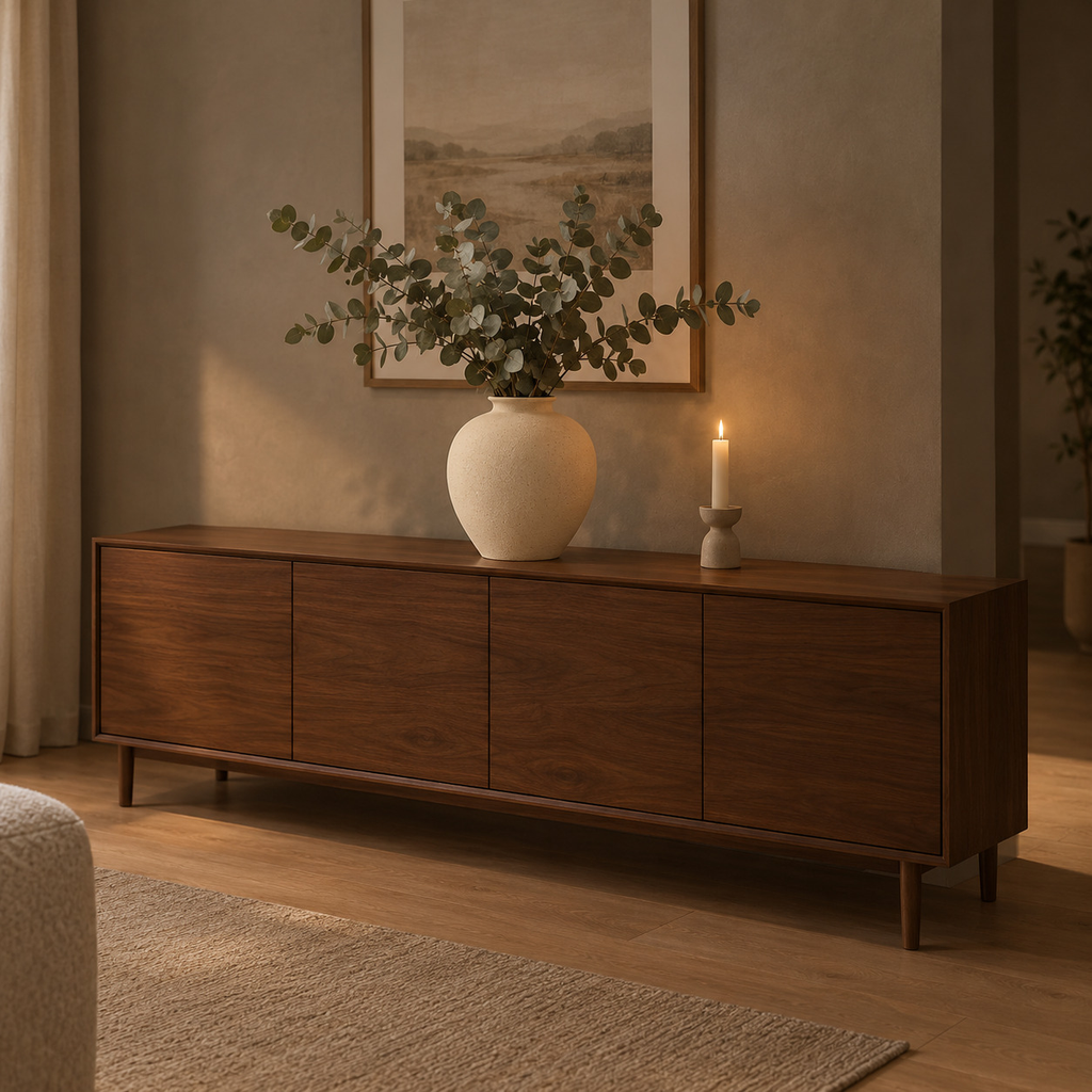 Off-White textured round ceramic vase on a 160 cm wide walnut sideboard beneath a framed print with a bunch of eucalyptus in the vase
