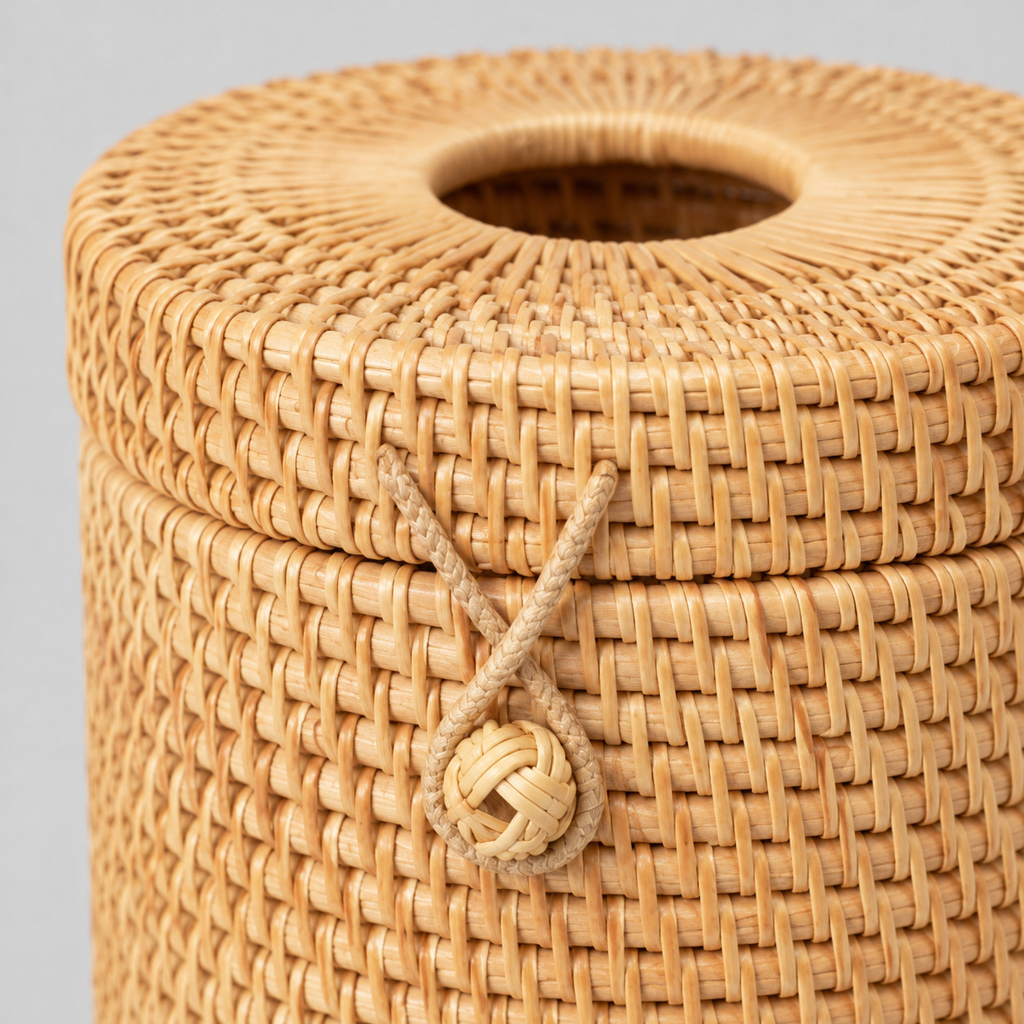 Close up of the weave of the natural rattan body of the Natural Rattan tissue box cover