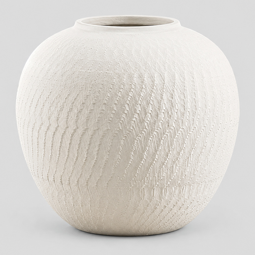 Textured ceramic vase in Matte White on a light gray studio background.