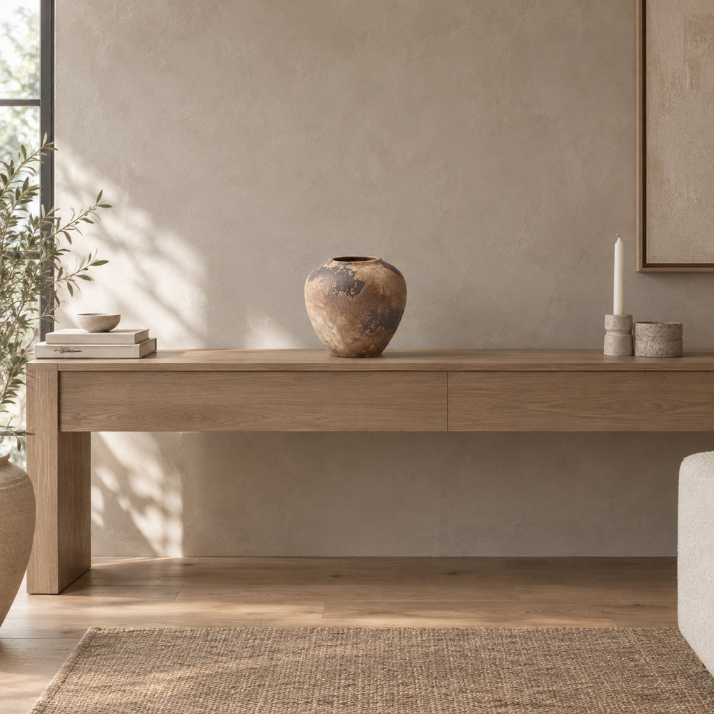 Weathered brown textured ceramic vase on an oak console table in a calm room.