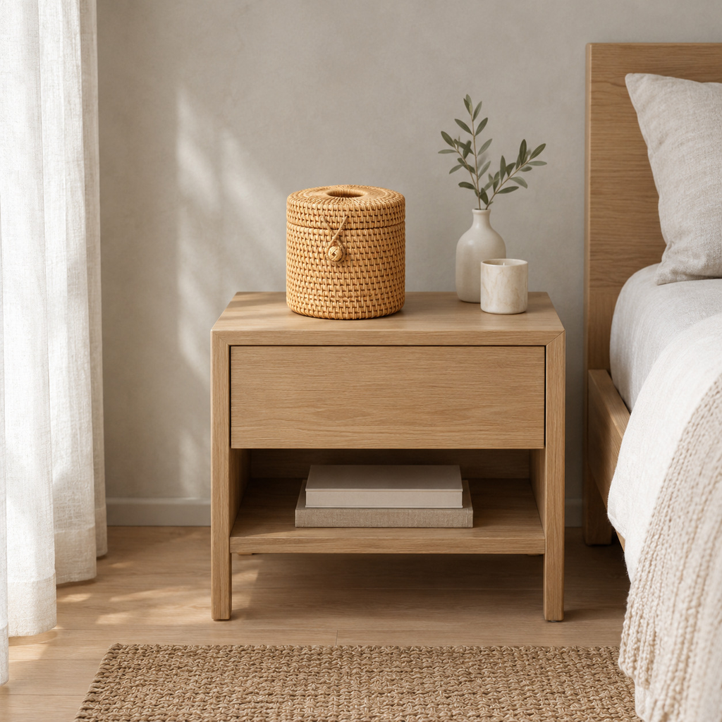 Natural Rattan woven rattan cylindrical tissue box cover on a 48 cm wide oak bedside table in a calm room