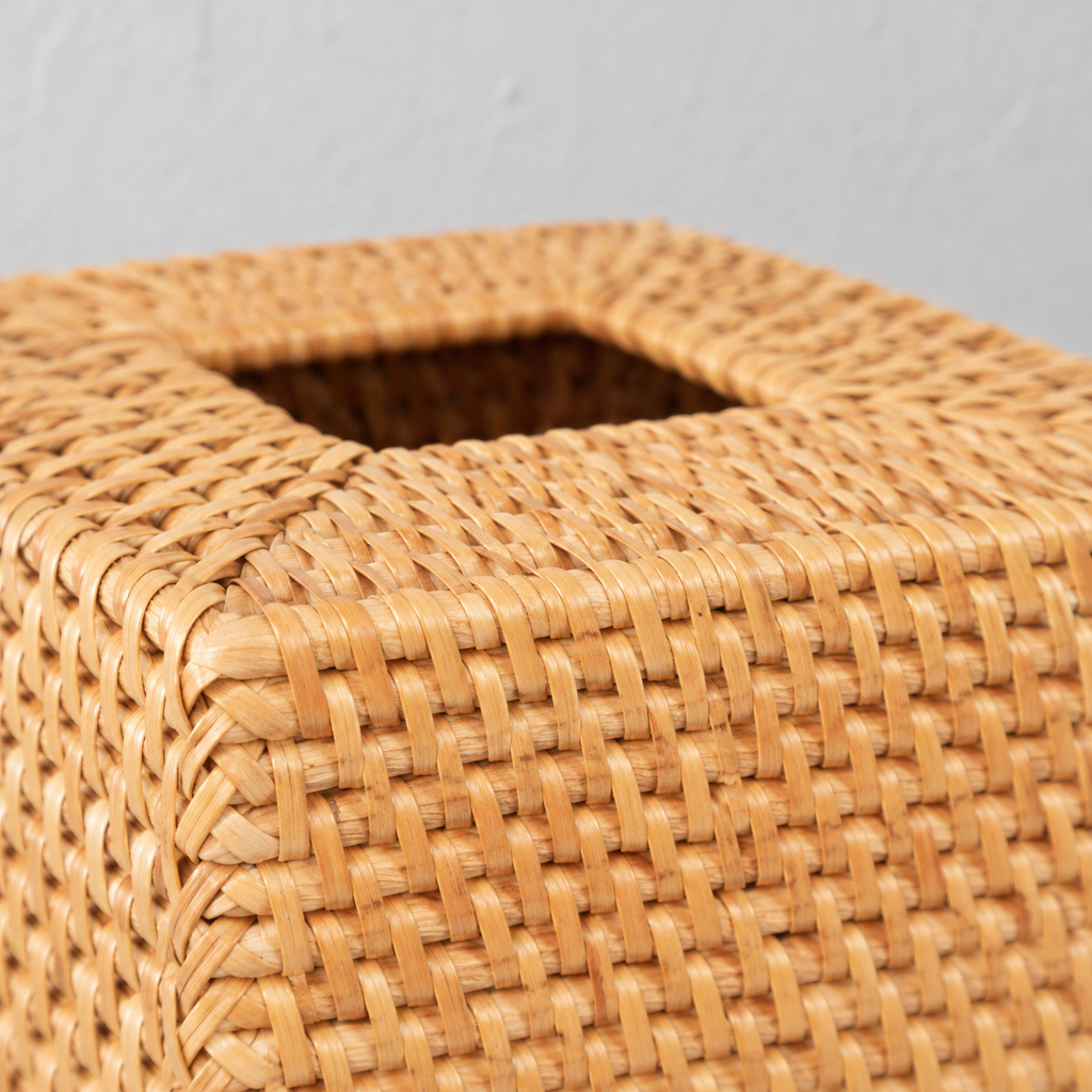 Close up of the weave of the natural rattan of the woven rattan tissue box cover