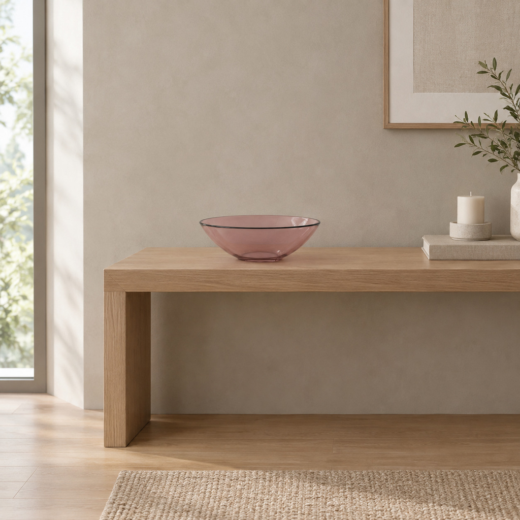Blush shallow glass bowl on a 120 cm wide oak console table in a calm room.