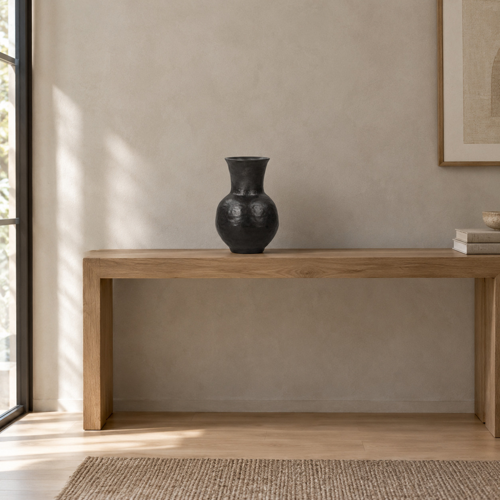 Black textured ceramic vase on a 120 cm wide oak console table in a calm room.