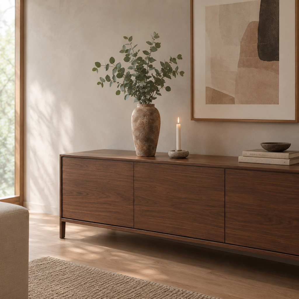 Weathered ceramic vase in Dark Brown on a walnut sideboard with eucalyptus in the vase.