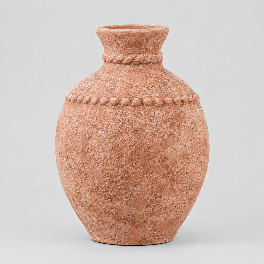 Rustic textured ceramic urn vase in Terracotta on a light gray studio background