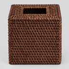 Woven rattan cube tissue box cover in Dark Brown on a light gray studio background