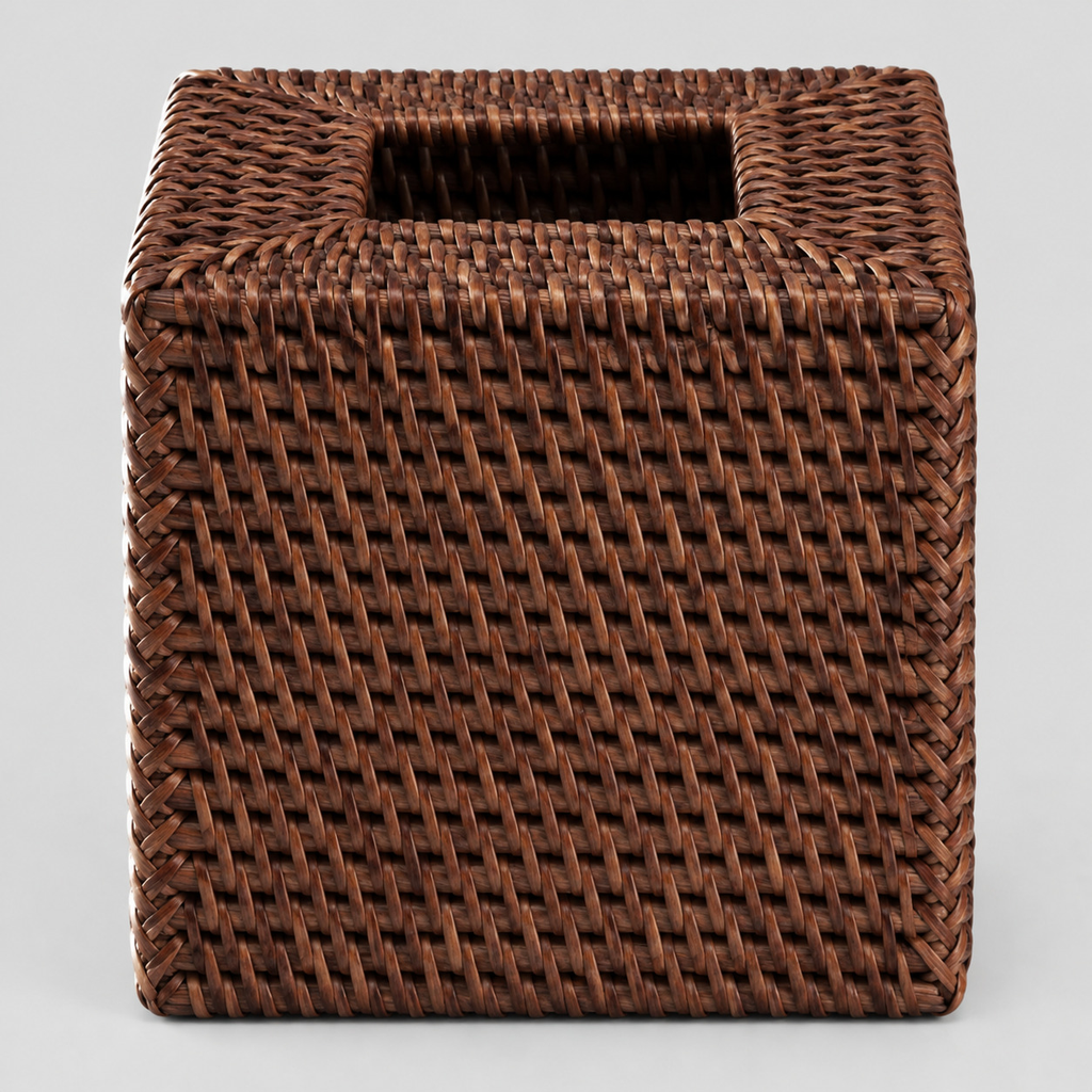Woven rattan cube tissue box cover in Dark Brown on a light gray studio background