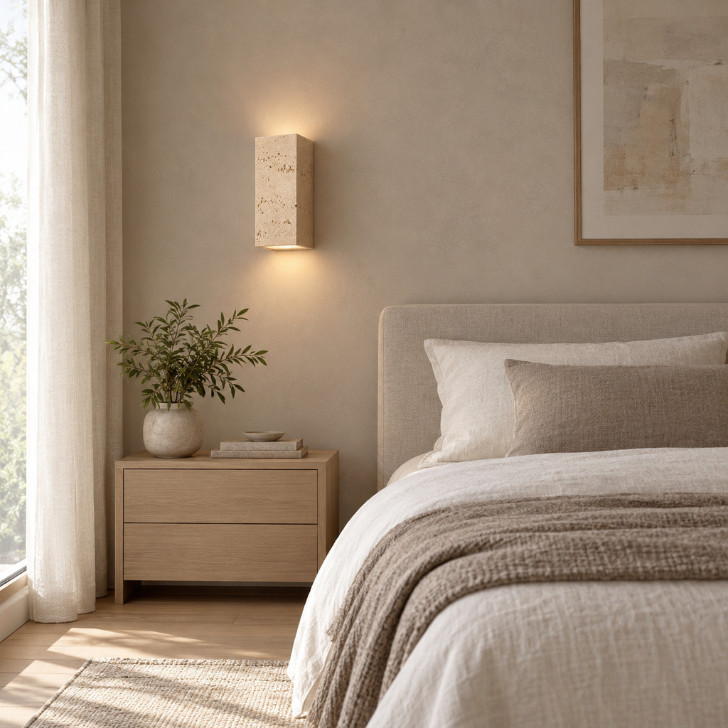 Travertine block wall sconce lit mounted on the plaster wall beside a 150 cm wide double bed against a plain wall