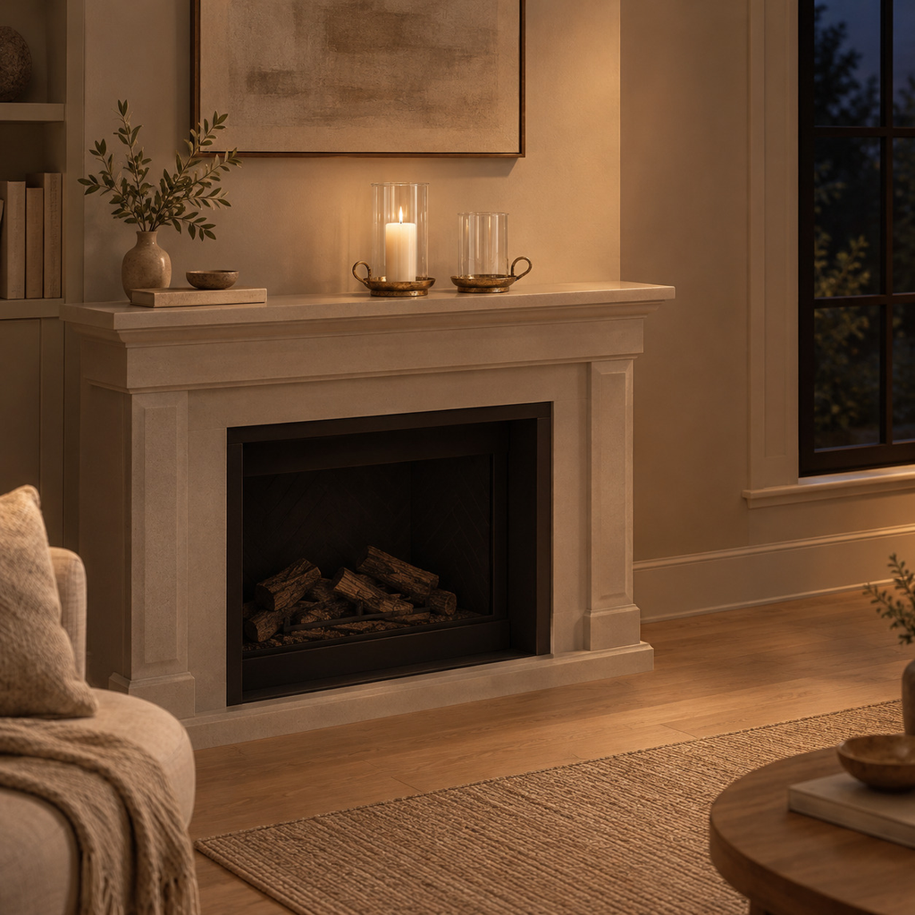 Set of two brass hurricane candle holders in Antique Brass on a mantelpiece above a fireplace with one lit candle in the taller holder.