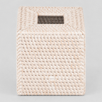 Woven rattan tissue box cover in Whitewash on a light gray studio background, in its Rectangular shape