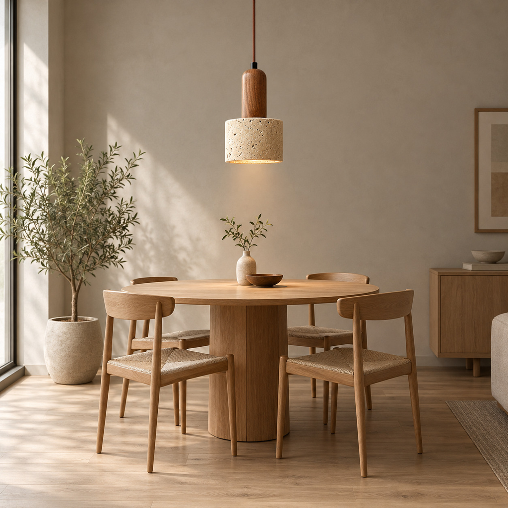 Travertine pendant light lit hanging above a round oak dining table against a plain wall