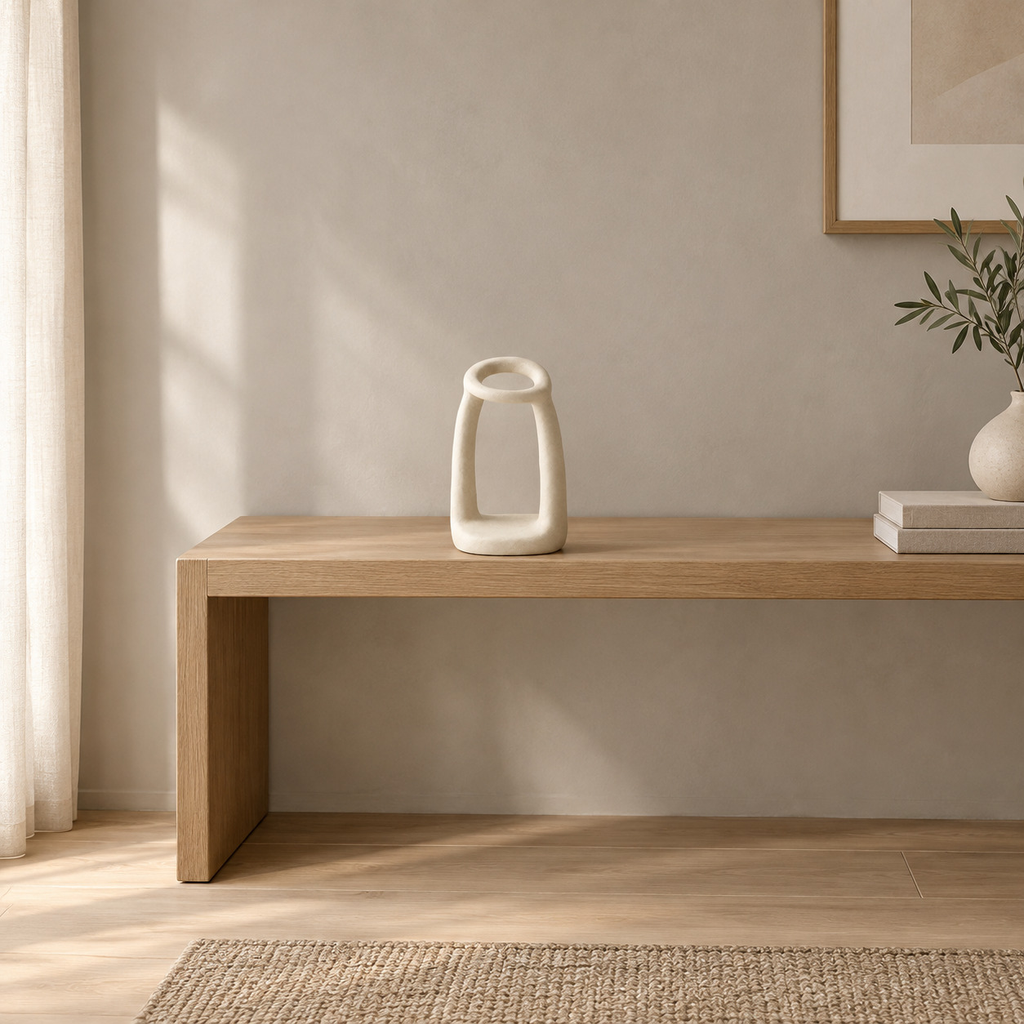 Off-White sculptural ceramic candle holder on an oak console table in a calm room.