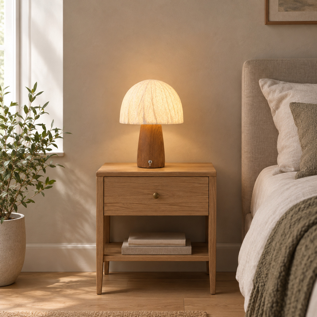 Walnut mushroom table lamp lit standing on an oak bedside table against a plain wall