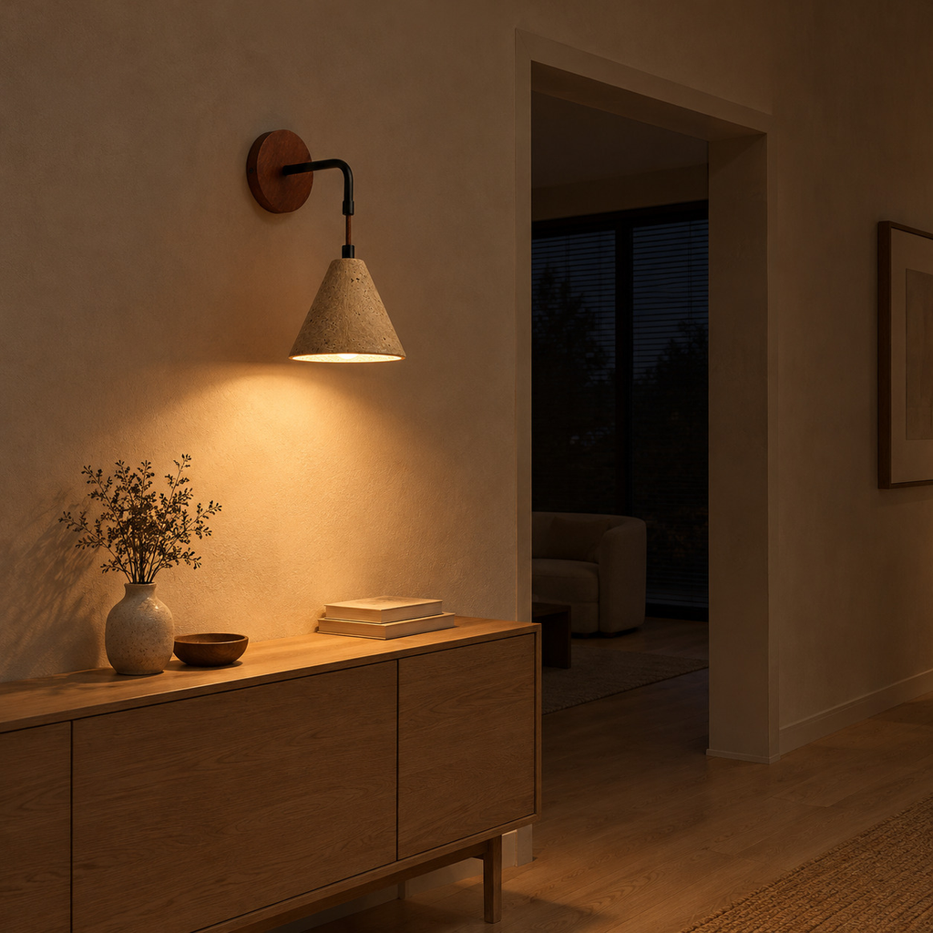 Conical travertine wall sconce in Travertine lit in the evening on a hallway wall beside an 80 cm wide doorway, the only light in the room