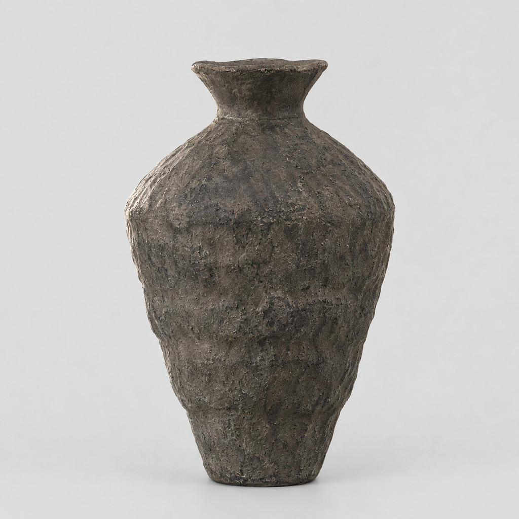 Textured ceramic urn vase in Charcoal finish on a light gray studio background