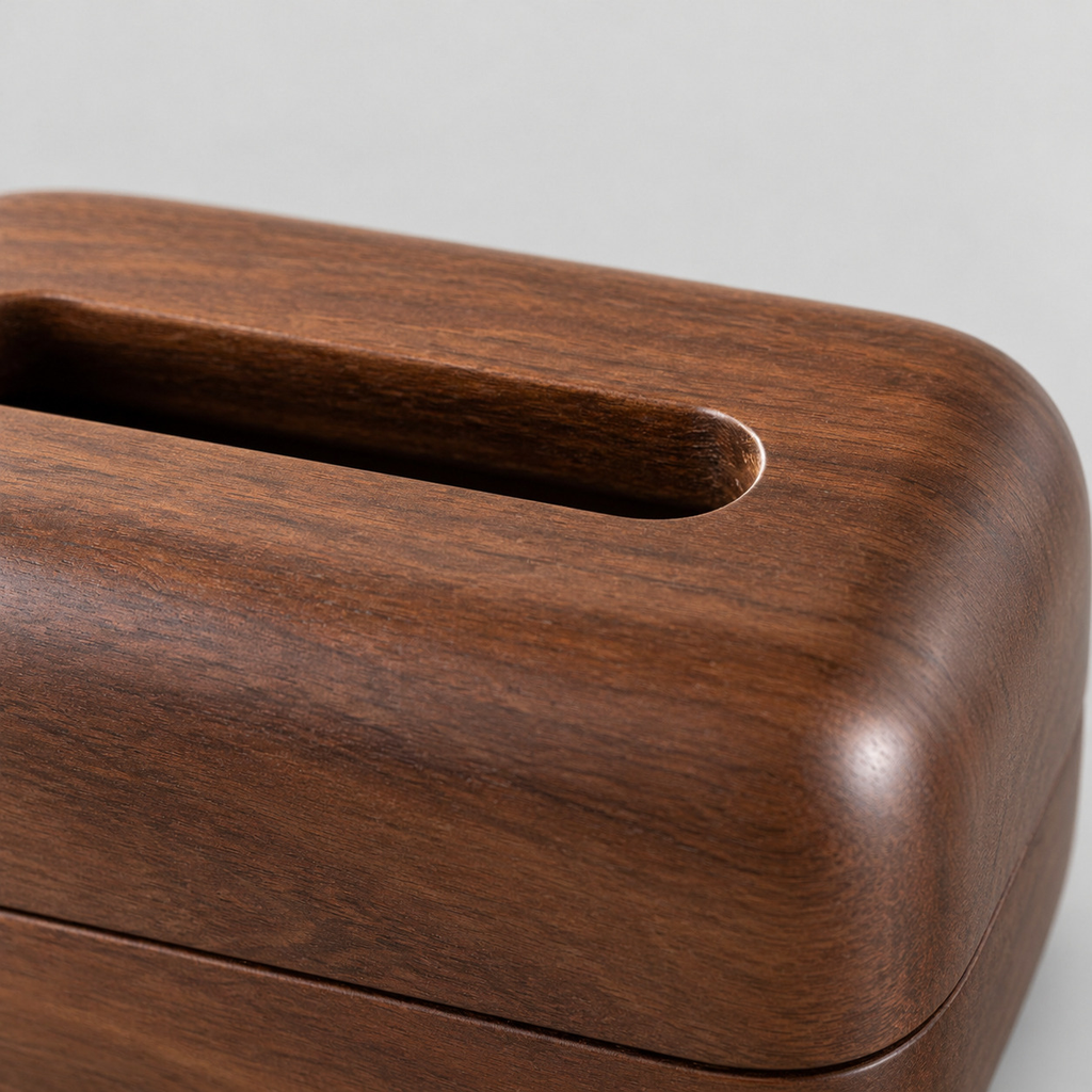 Close up of the smooth rounded rim of the dispensing slot of the Walnut rounded wooden tissue box cover.