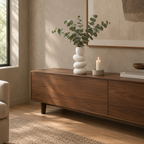 White stacked pebble ceramic vase on a walnut sideboard with a bunch of eucalyptus in the vase.