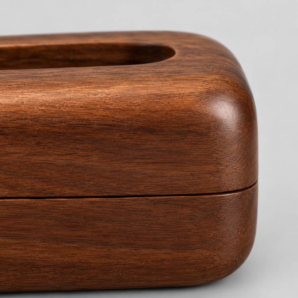 Close up of the horizontal seam where the top lid meets the base of the curved wooden tissue box.