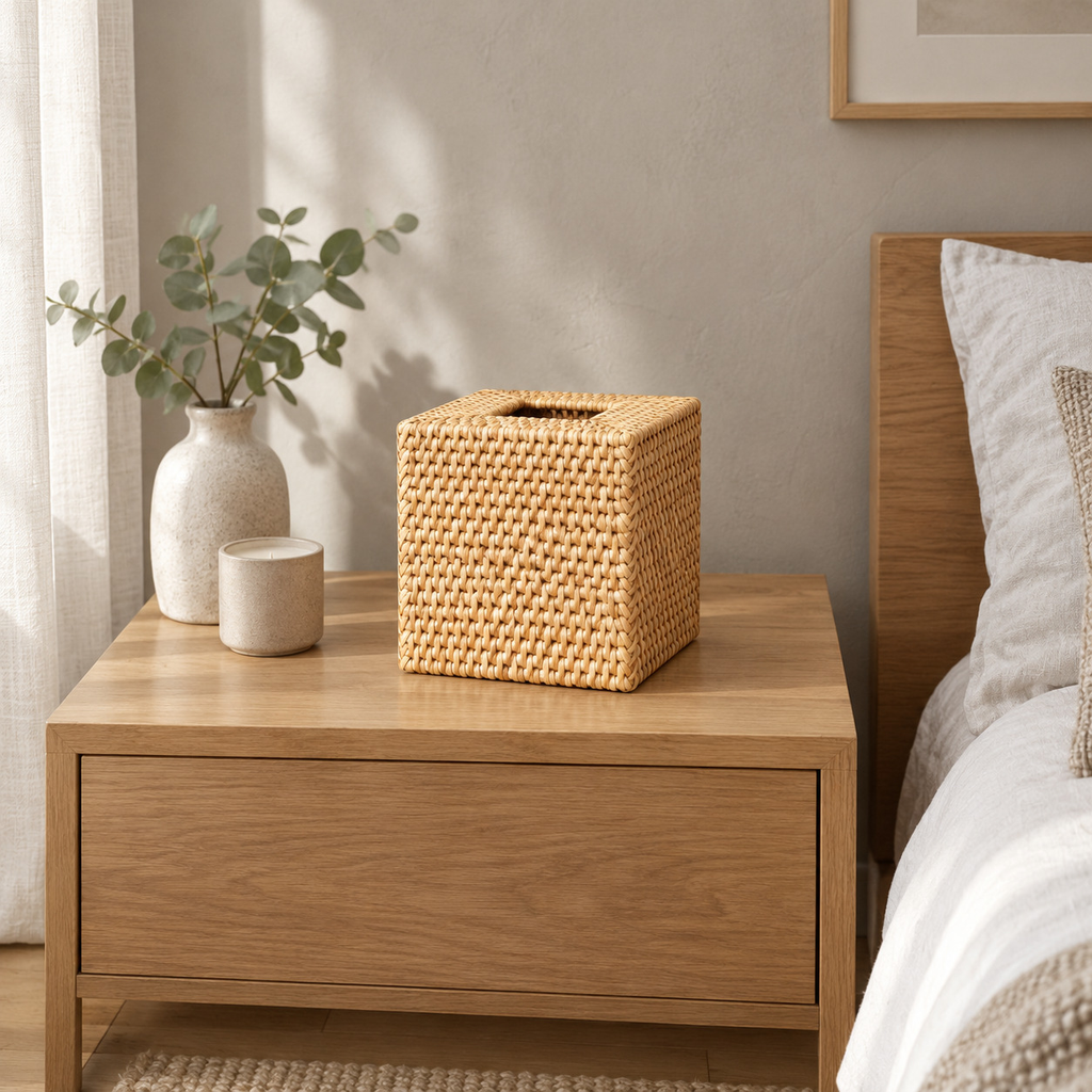 Natural Rattan square woven rattan tissue box cover on a 48 cm wide oak bedside table in a calm room.