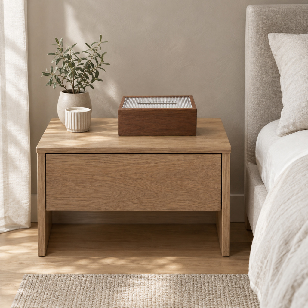 Walnut wooden tissue box on a 48 cm wide oak bedside table in a calm room
