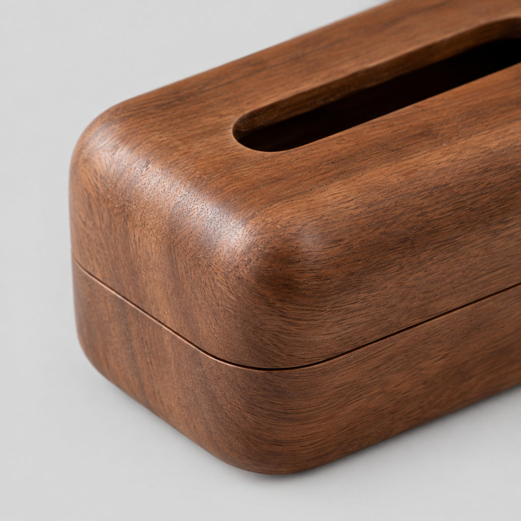 Close up of the joint seam of the Walnut wooden tissue box.