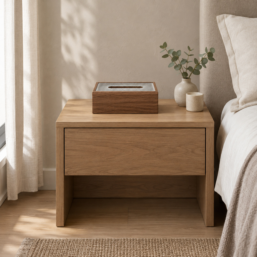 Rectangular wooden tissue box cover in Fluted Clear on a 48 cm wide oak bedside table in a calm room.