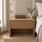 Rectangular wooden tissue box cover in Fluted Clear on a 48 cm wide oak bedside table in a calm room.