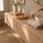 Natural Rattan round woven serving tray on a bathroom vanity with a set of keys and a watch.
