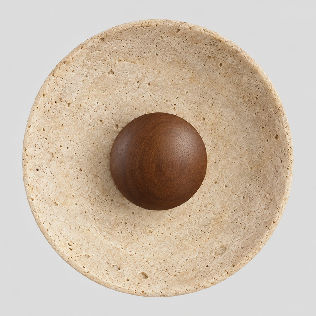 Round travertine disc wall sconce in Walnut finish on a light gray studio background